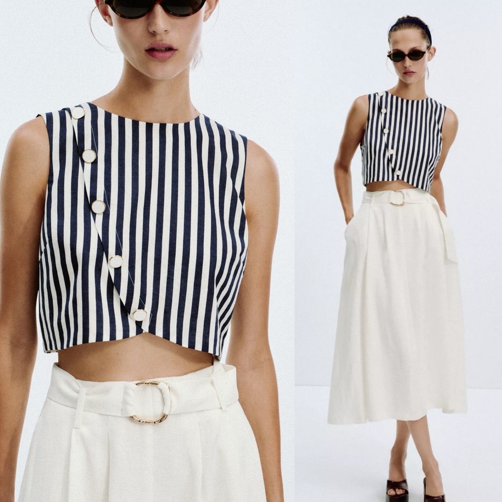 NWT Zara | Belted Linen Dress Waist Cut-out Navy Ivory Nautical coastal vibe - Picture 5 of 16